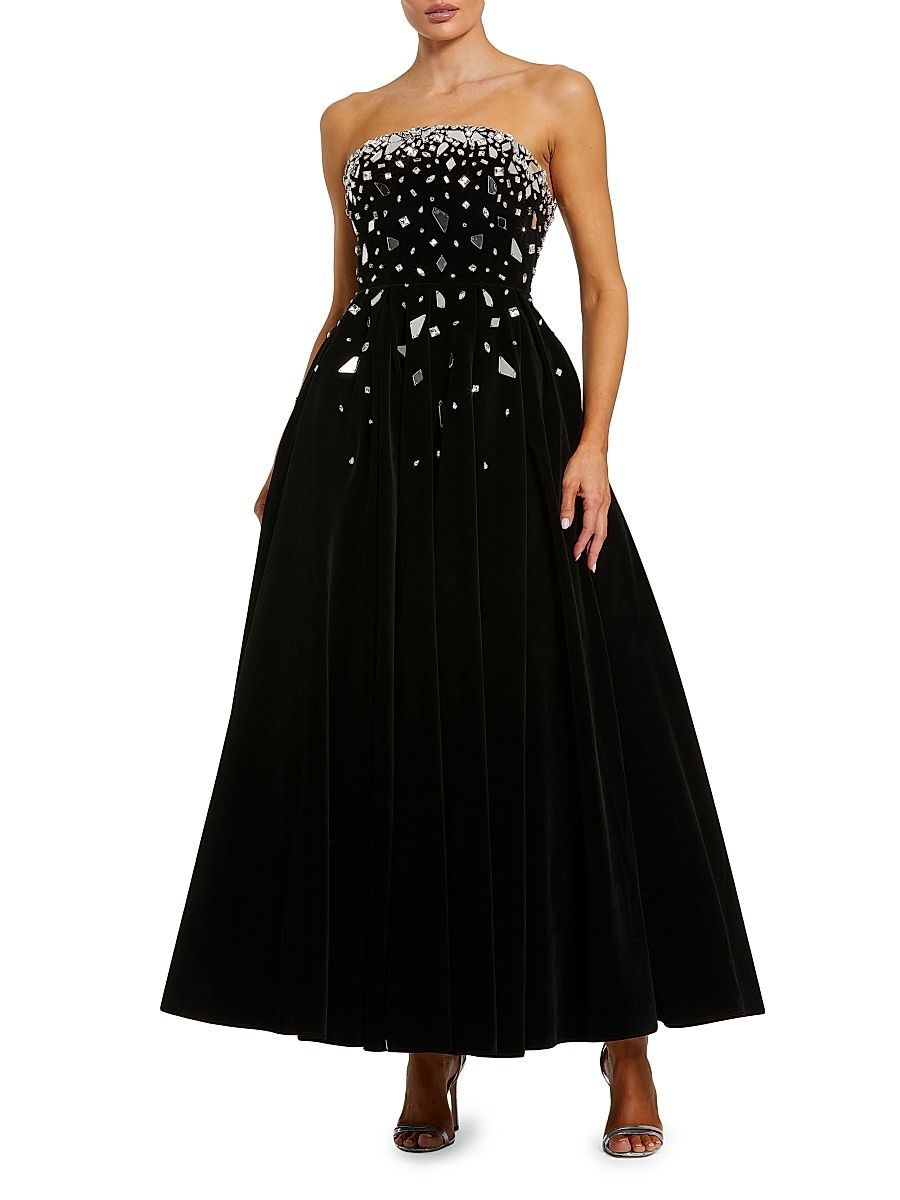 Women's Glass-Embellished Velvet Tea-Length Dress - Black - Size 16