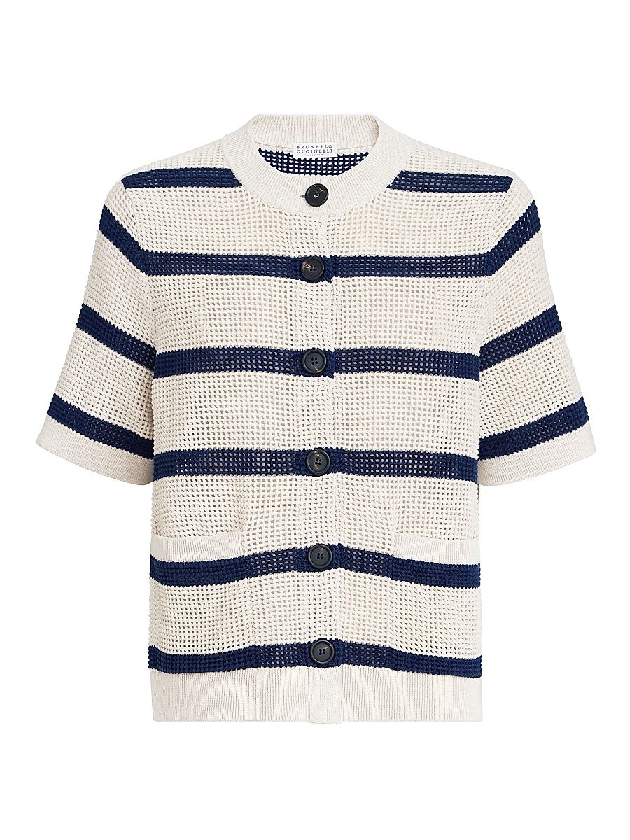 Women's Cotton Net Striped Cardigan - Blue - Size XXL
