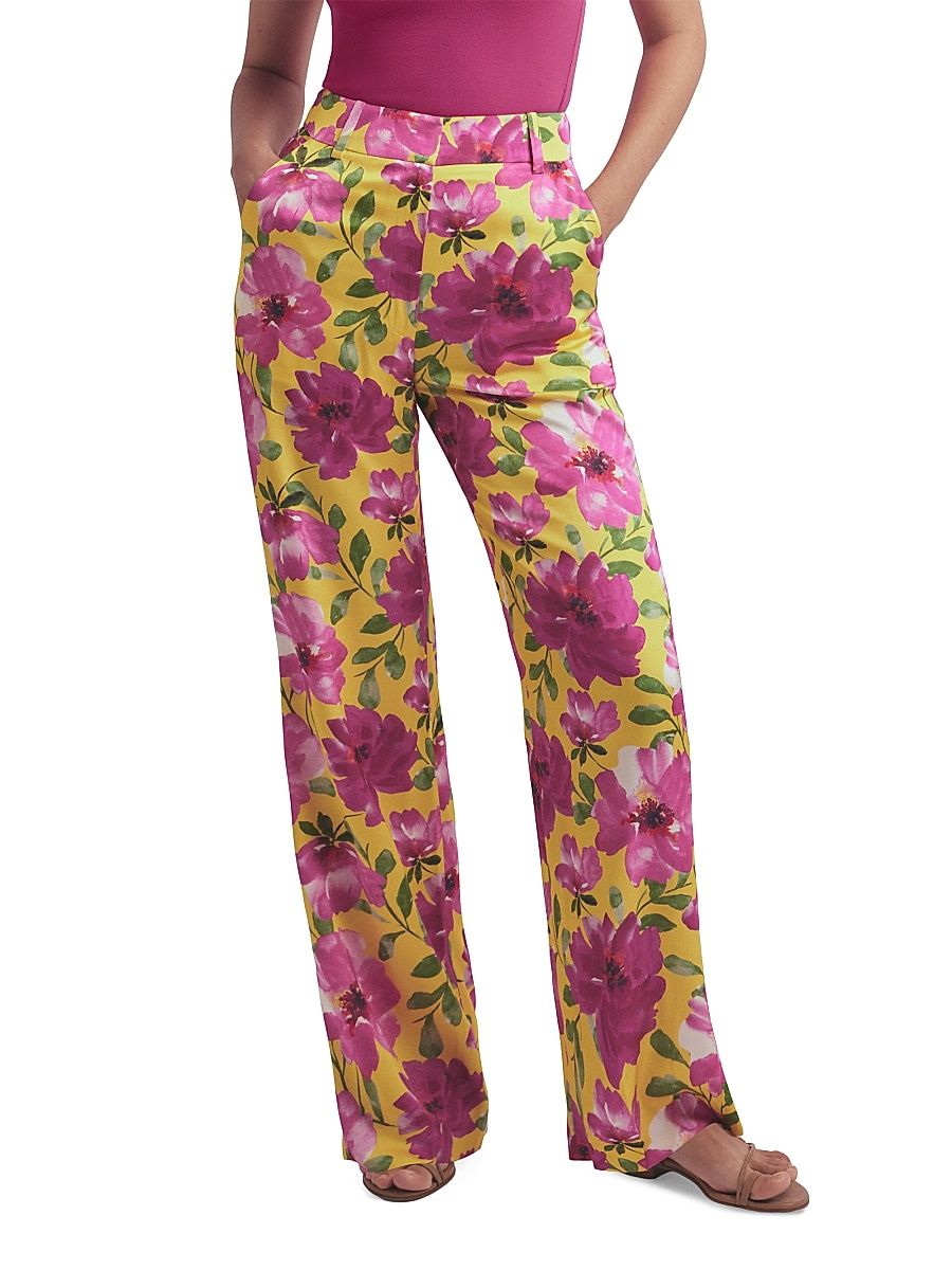 Women's The Fiona Floral Satin Wide-Leg Pants - Bold Camellia - Size 8