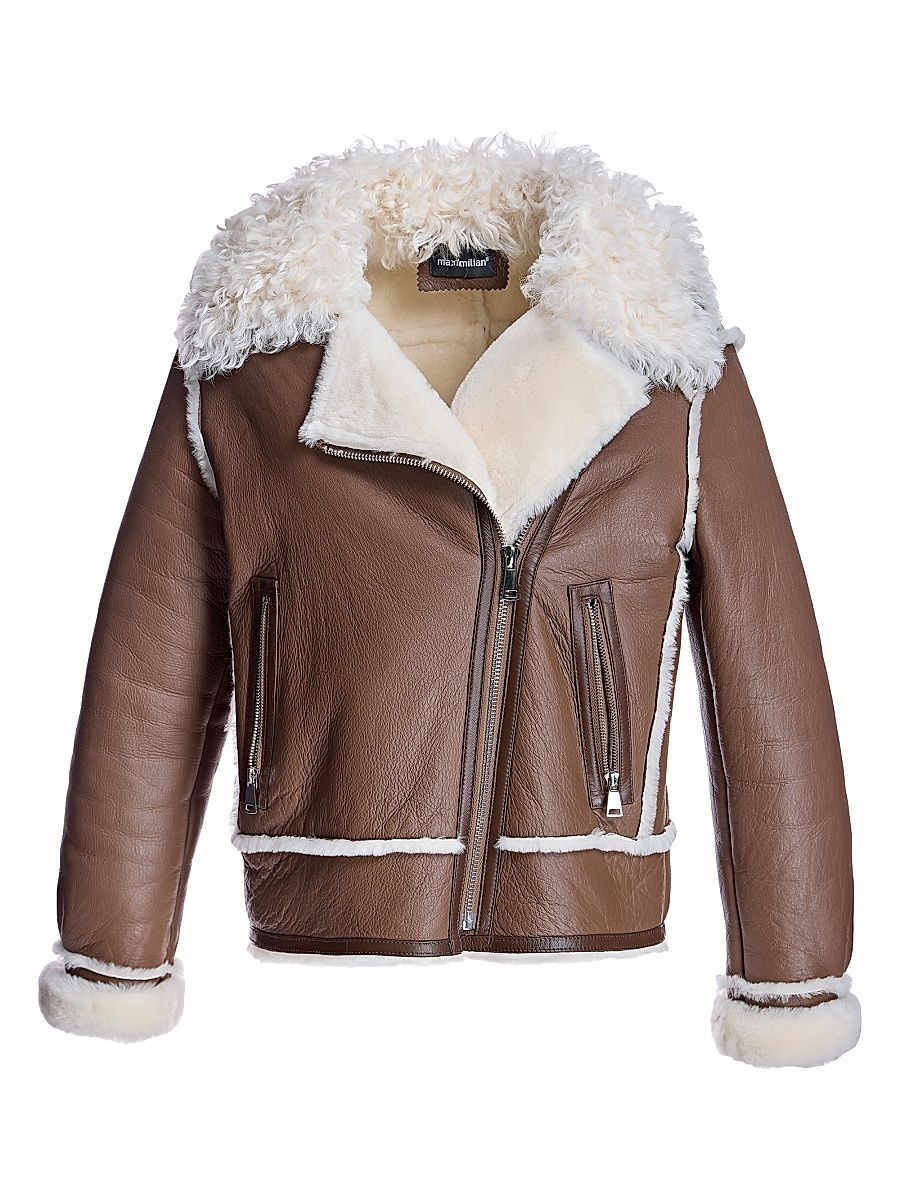 Women's Maximilian Shearling Jacket with Sheep Notch Collar - Brown - Size Large