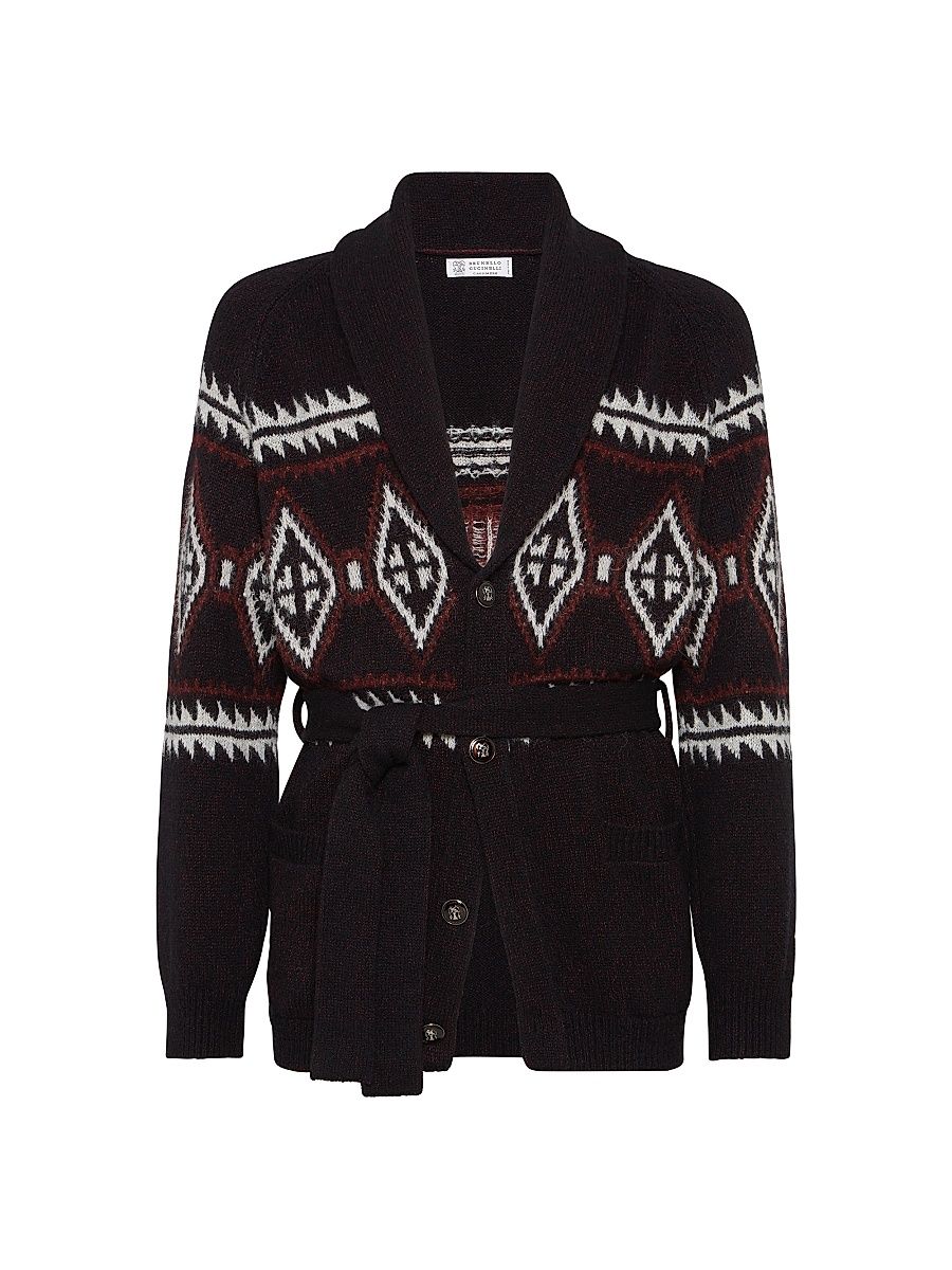 Men's Geometric Jacquard Belted Cardigan - Black - Size 44
