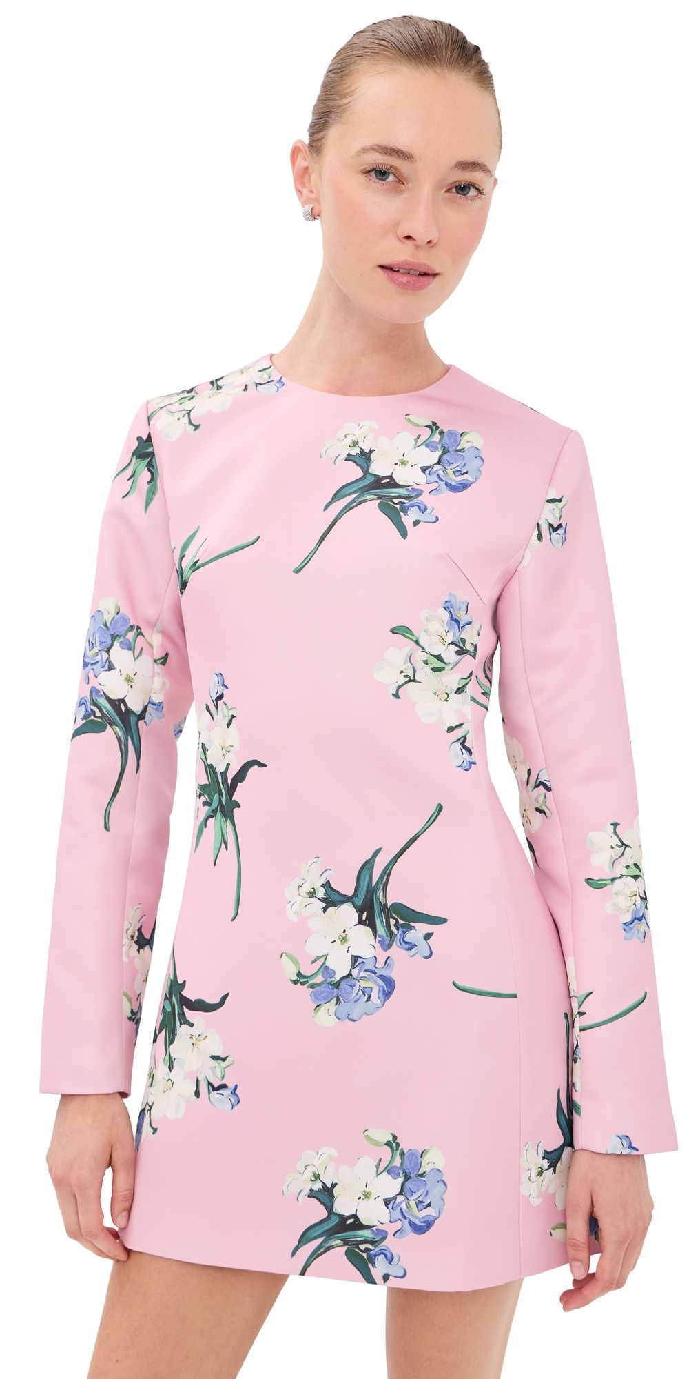 Leo Lin Aliza Long Sleeve Mini Dress Bouquet Print in Pastel Pink 10