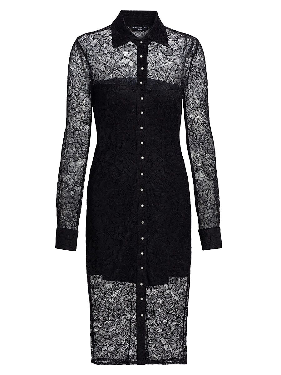 Women's Lorene Lace Button-Front Shirtdress - Black - Size Medium