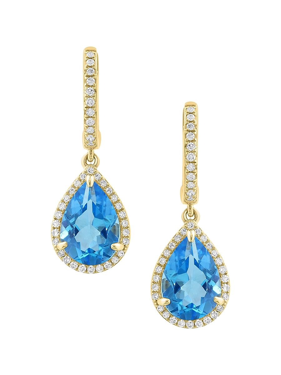 Women's 14K Yellow Gold, Blue Topaz & 0.25 TCW Diamond Halo Drop Earrings - Yellow Gold