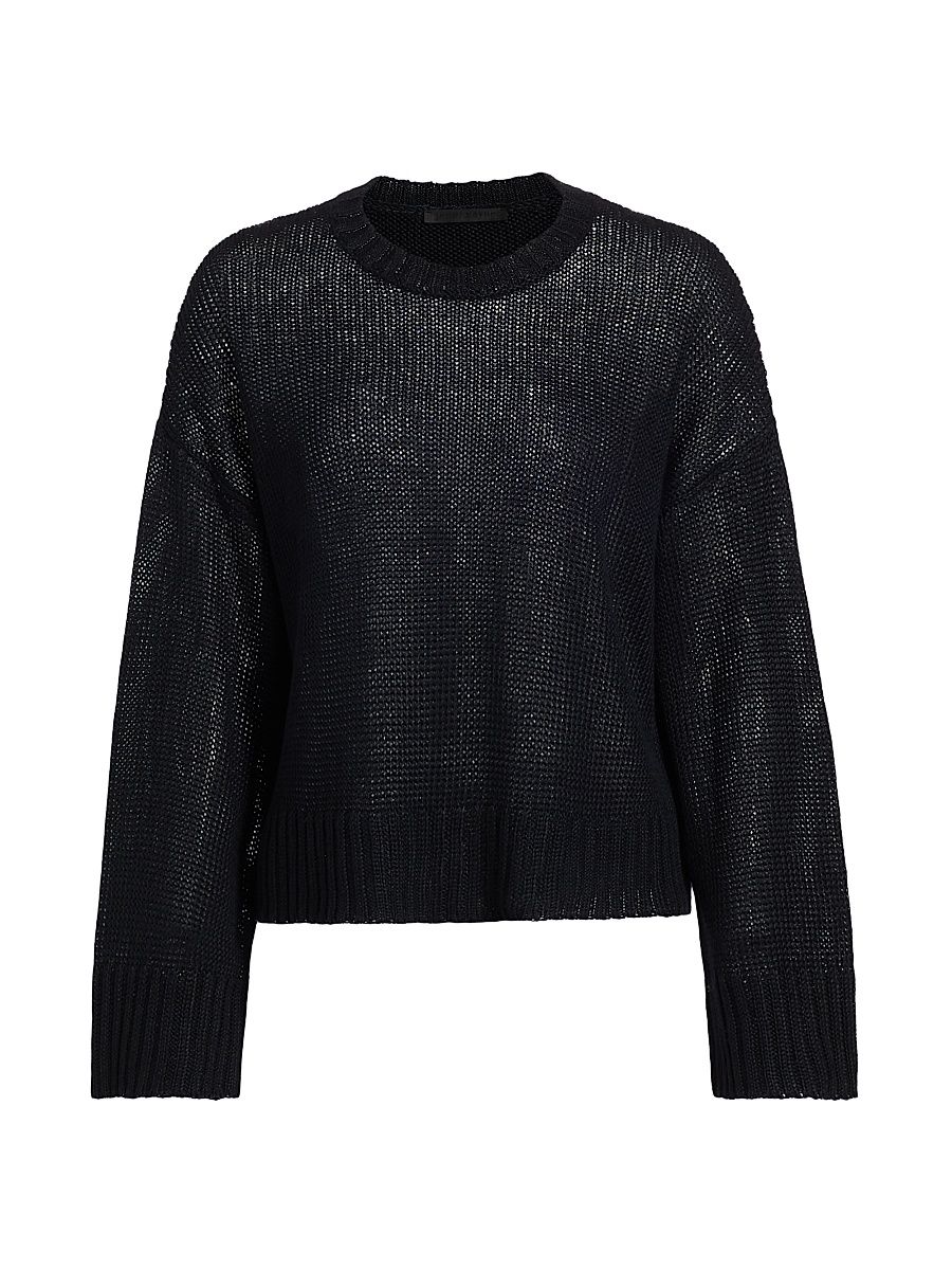 Women's Cropped Linen Knit Crewneck Sweater - Black - Size XL