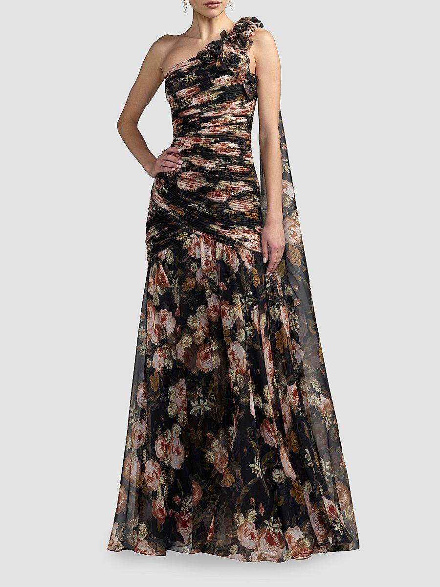 Women's Floral Chiffon One-Shoulder Gown - Black Multi - Size 14