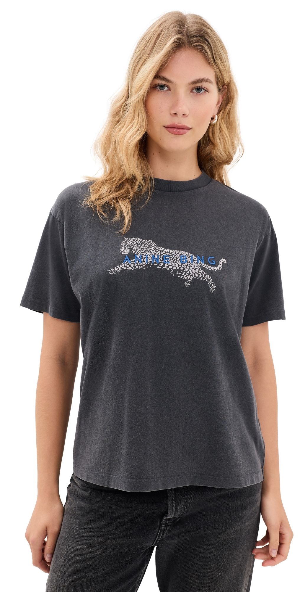 ANINE BING Cade Leopard Tee Washed Black S