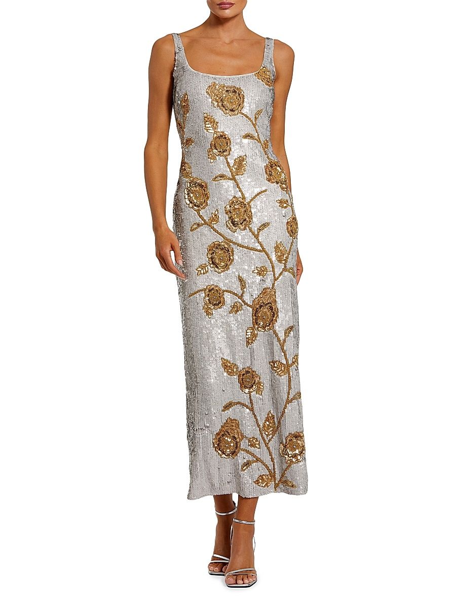 Women's Cocktail Sequined Floral Mesh Dress - Platinum Gold - Size 14