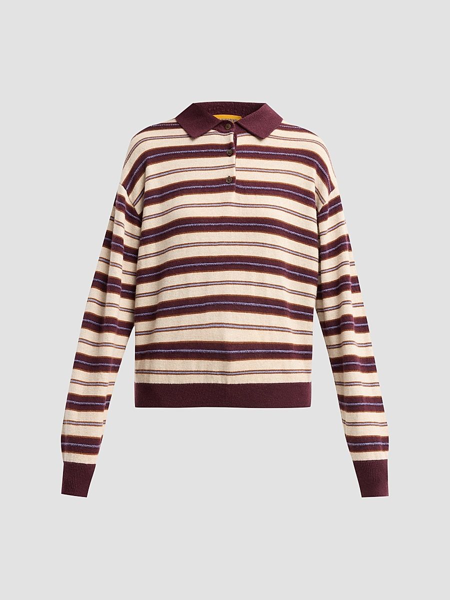 Guest in Residence Women's Collegiate Striped Cashmere Long-Sleeve Polo Shirt - Fig Combo - Size XL