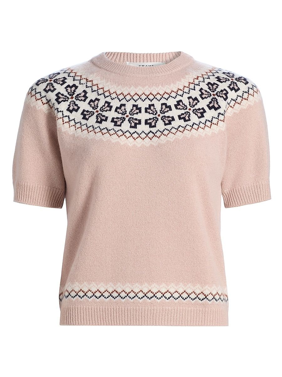 Women's Fair Isle-Style Cashmere Crewneck Sweater - Pink Sand - Size XL