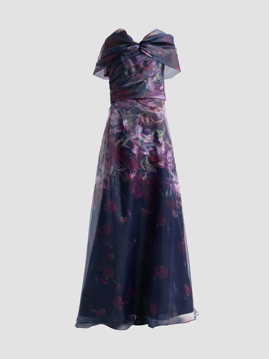 Rene Ruiz Collection Women's Draped Printed Organza One-Shoulder Gown - Pink Navy Multi - Size 14