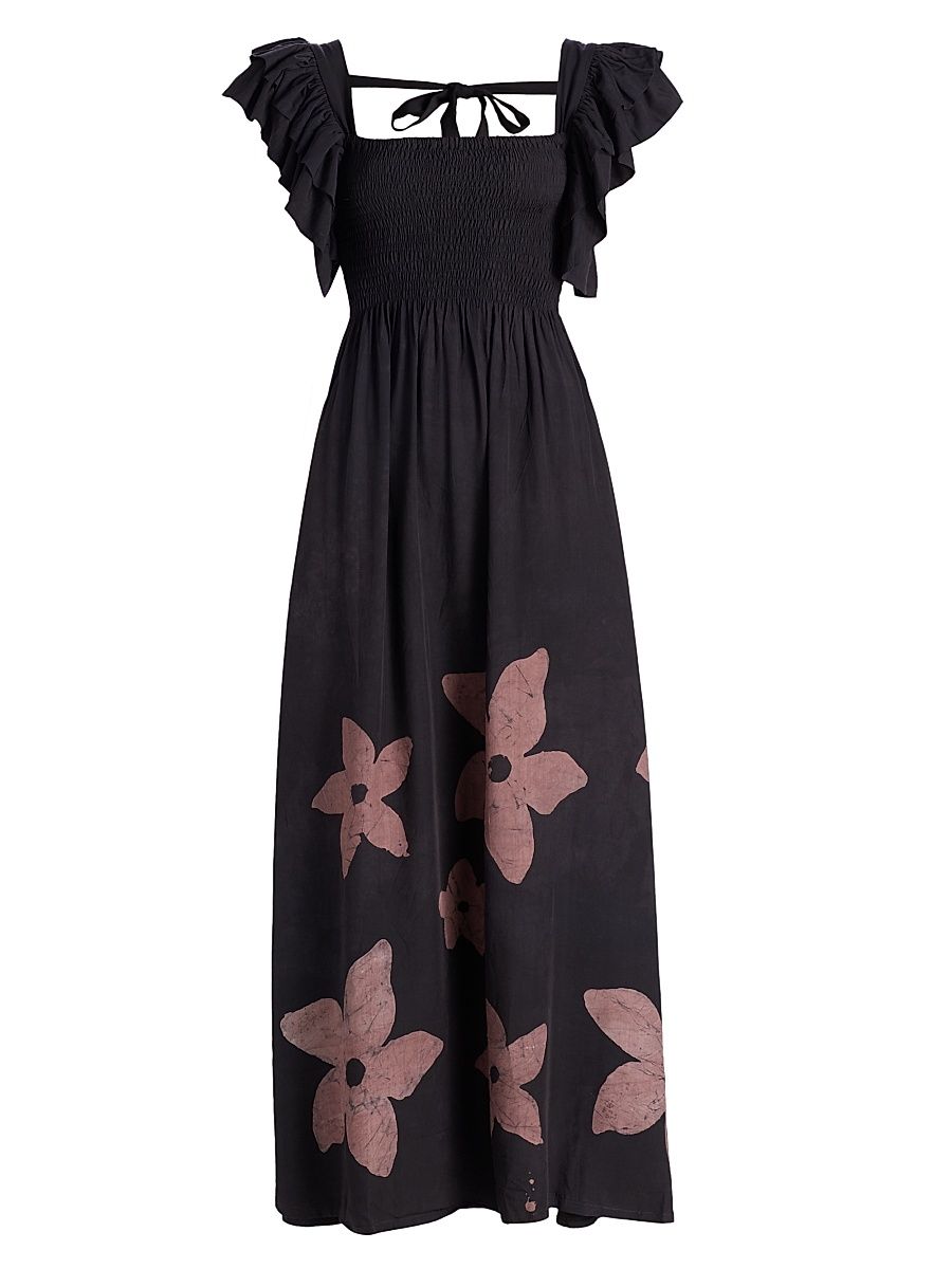 Women's Sola Floral Cotton A-Line Maxi Dress - Black Tan - Size XL