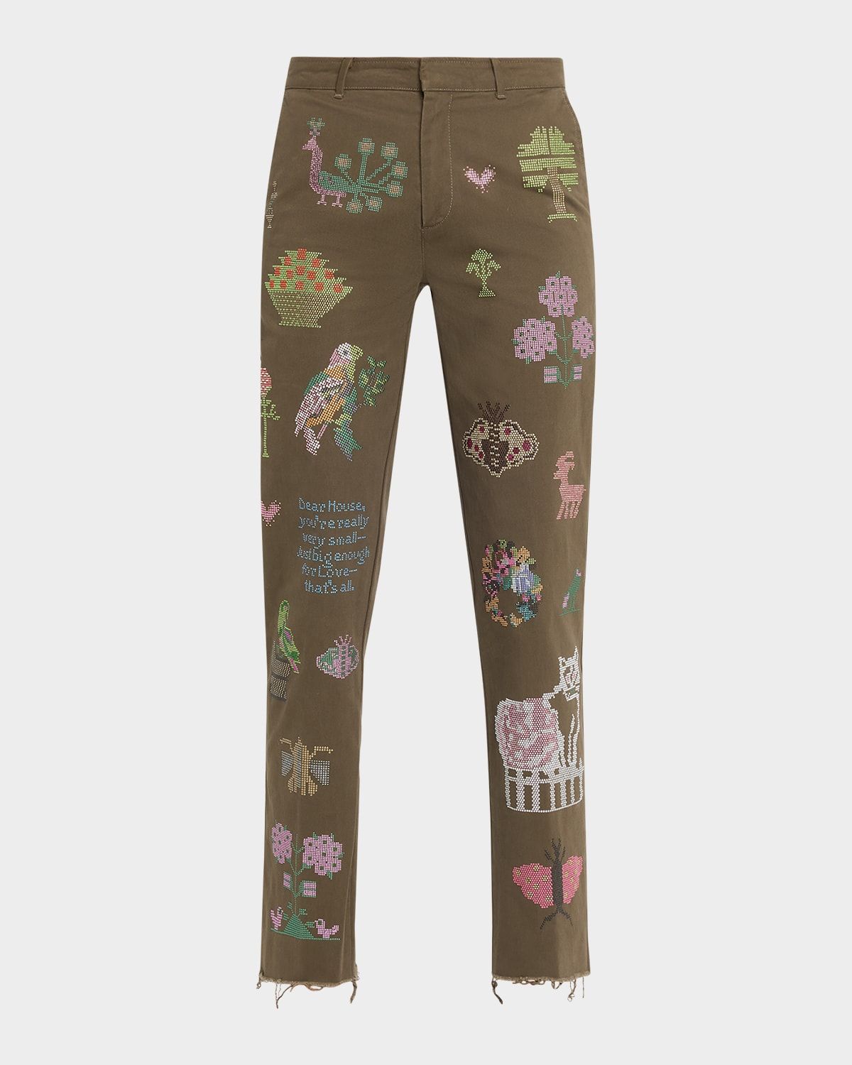 Needlepoint Embellished Slim-Leg Ankle Chino Pants