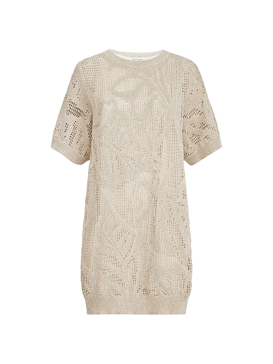 Women's Dazzling Water Lilies Mini Dress in Linen and Cotton - Beige - Size XXXL