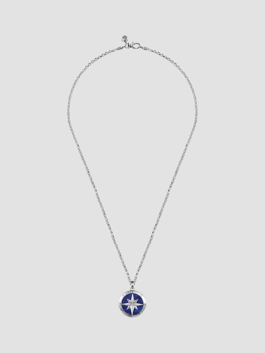 Gabriel & Co Men's Polaris Sterling Silver, 0.06 TCW Diamond and Lapis Lazuli Compass Pendant Necklace - Blue