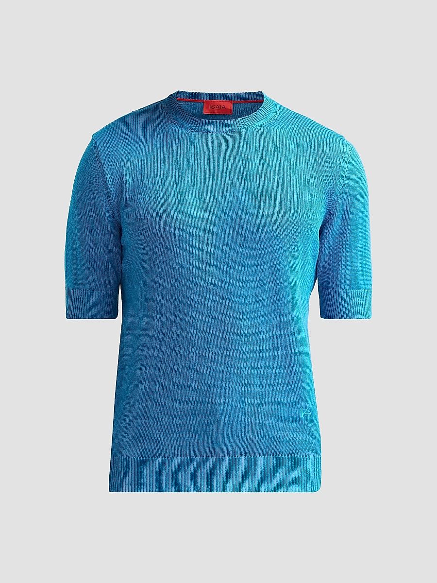 Men's Silk-Linen Knit Short-Sleeve Crewneck Shirt - Blue - Size XXXL