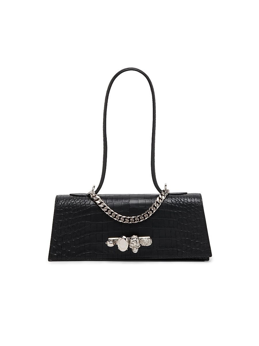 Women's Jewelled Croc-Embossed Leather Top Handle Bag - Black