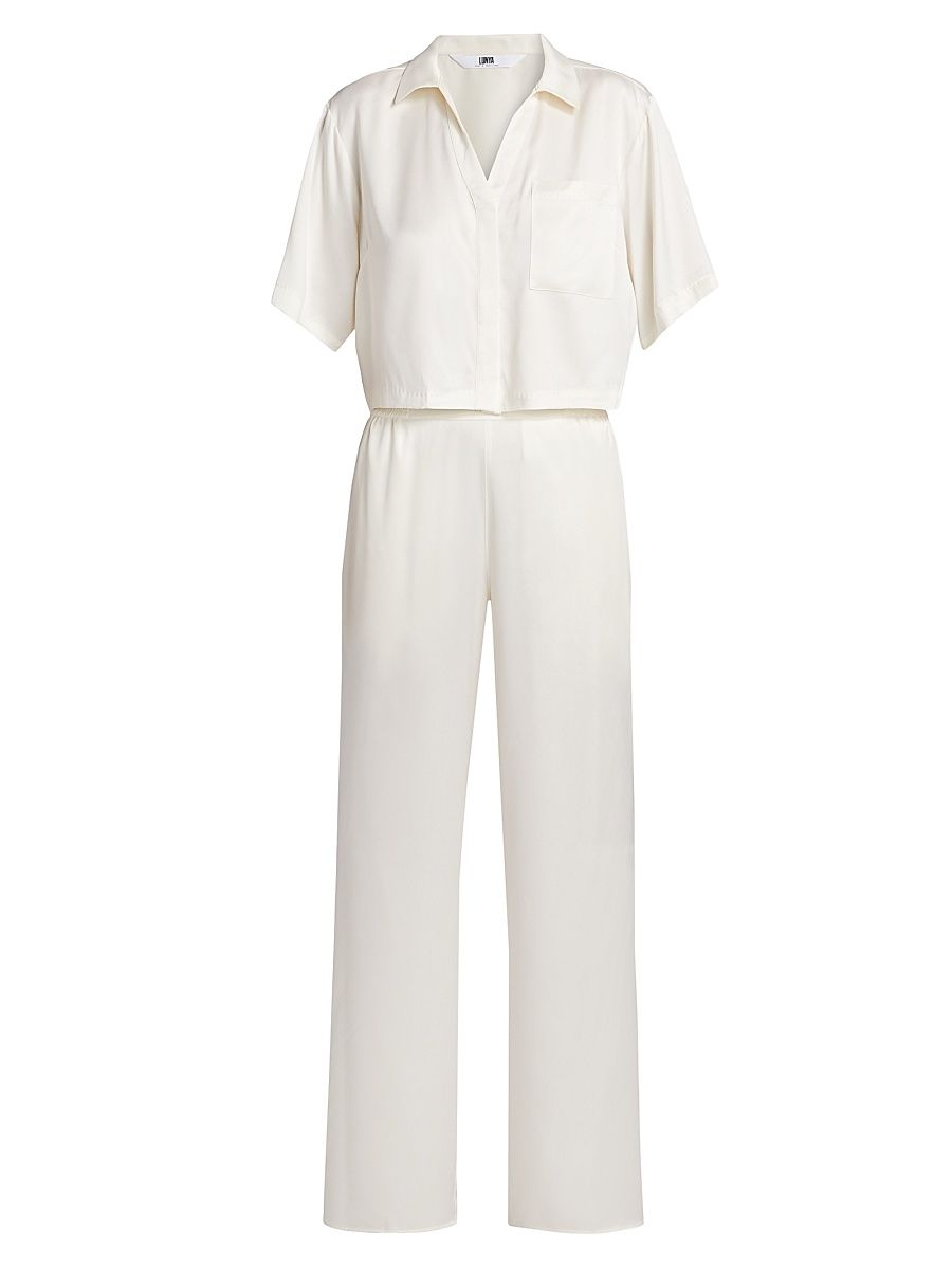 Women's Washable Silk High-Rise Pants 2-Piece Pajama Set - Tranquil White - Size Medium