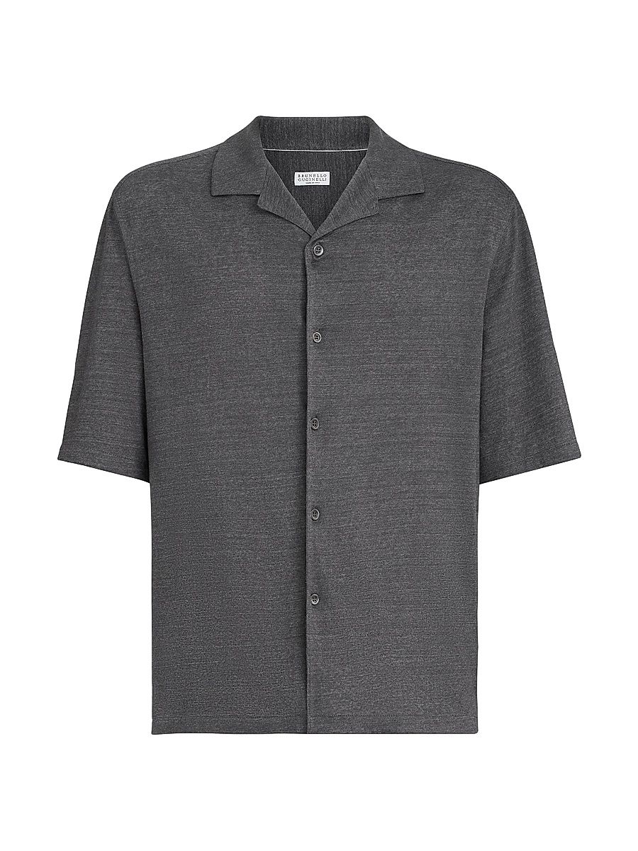 Men's Linen and Cotton Mélange Jersey Short Sleeve Shirt with Camp Collar - Medium Grey - Size XXXXL