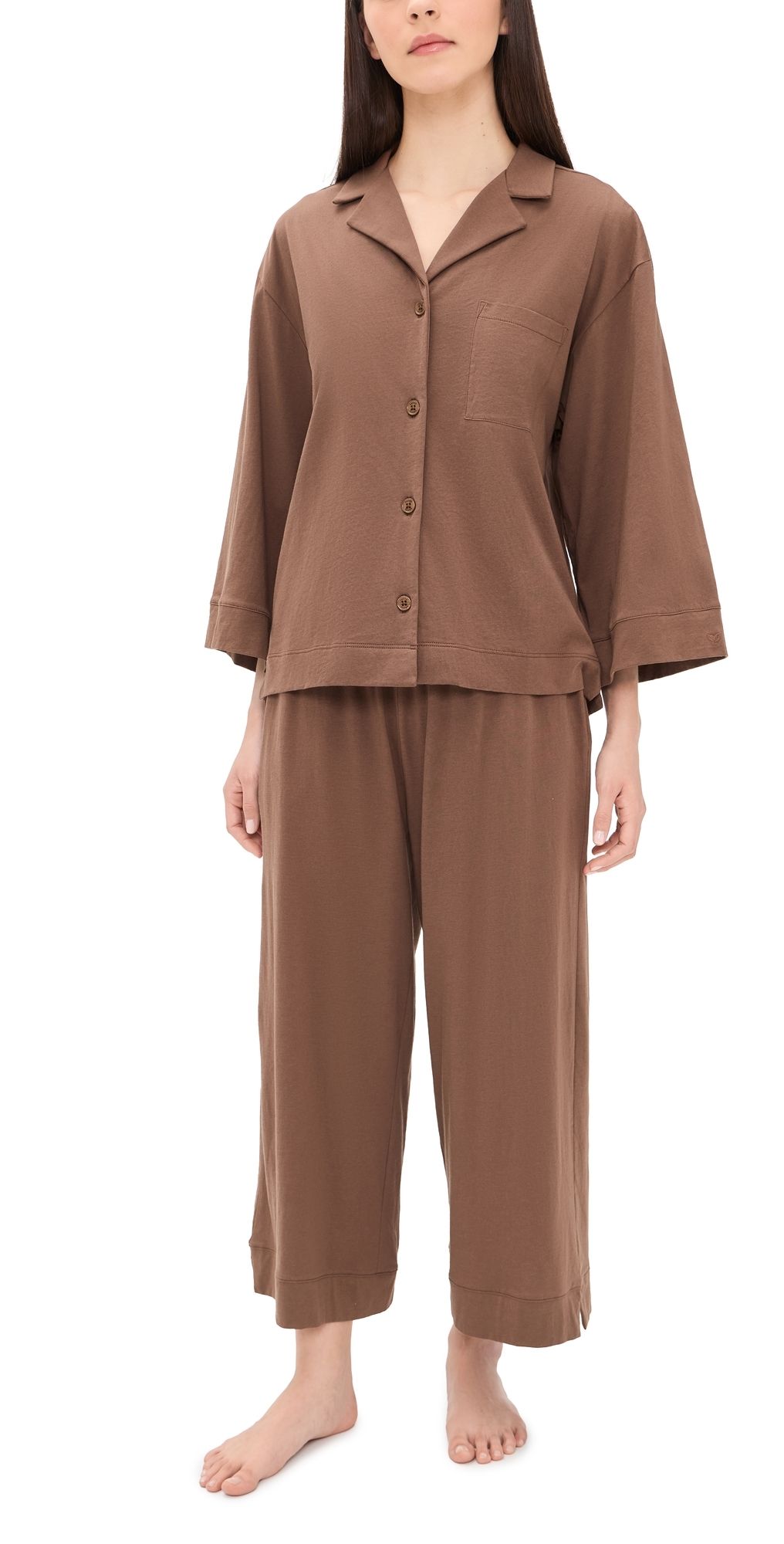 Petite Plume Olivia Wide Leg Pima Cotton Pajamas Brown XL