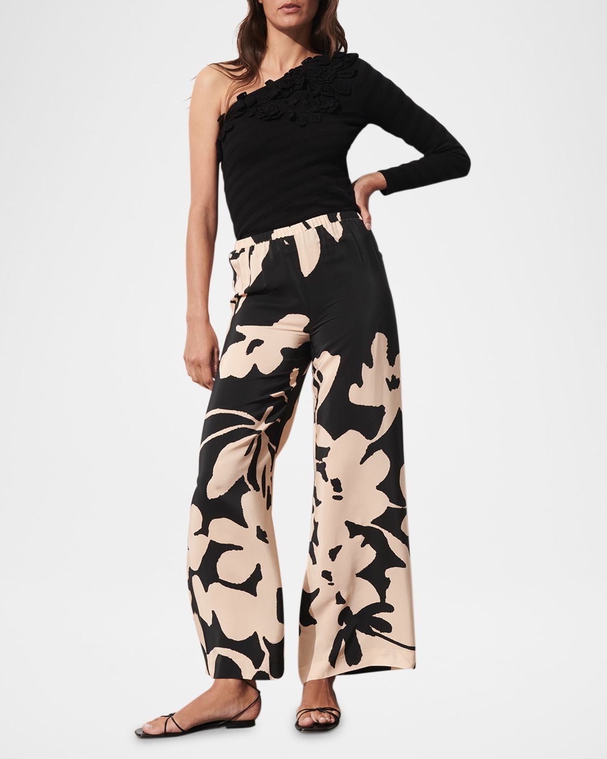 Devon Floral-Print Silk Straight-Leg Pull-On Pants