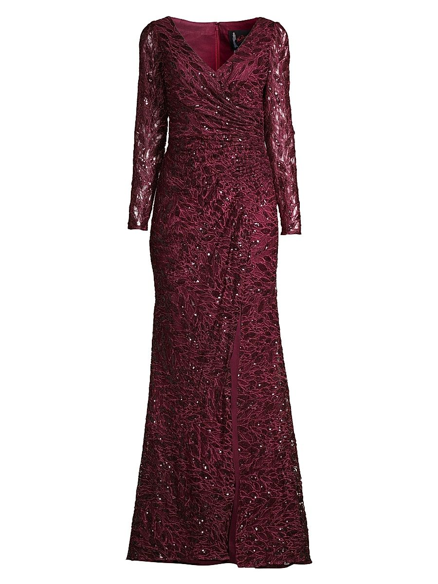 Women's Illusion Damask Embroidered Sequin Column Gown - Garnet - Size 14