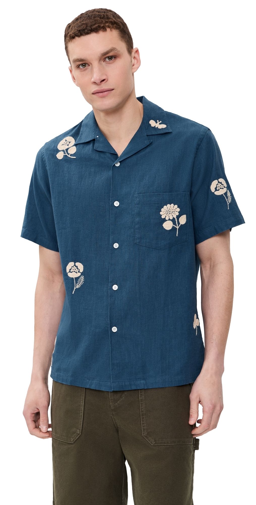 Portuguese Flannel Embroidery Nature Ramie Camp Shirt Blue XXL