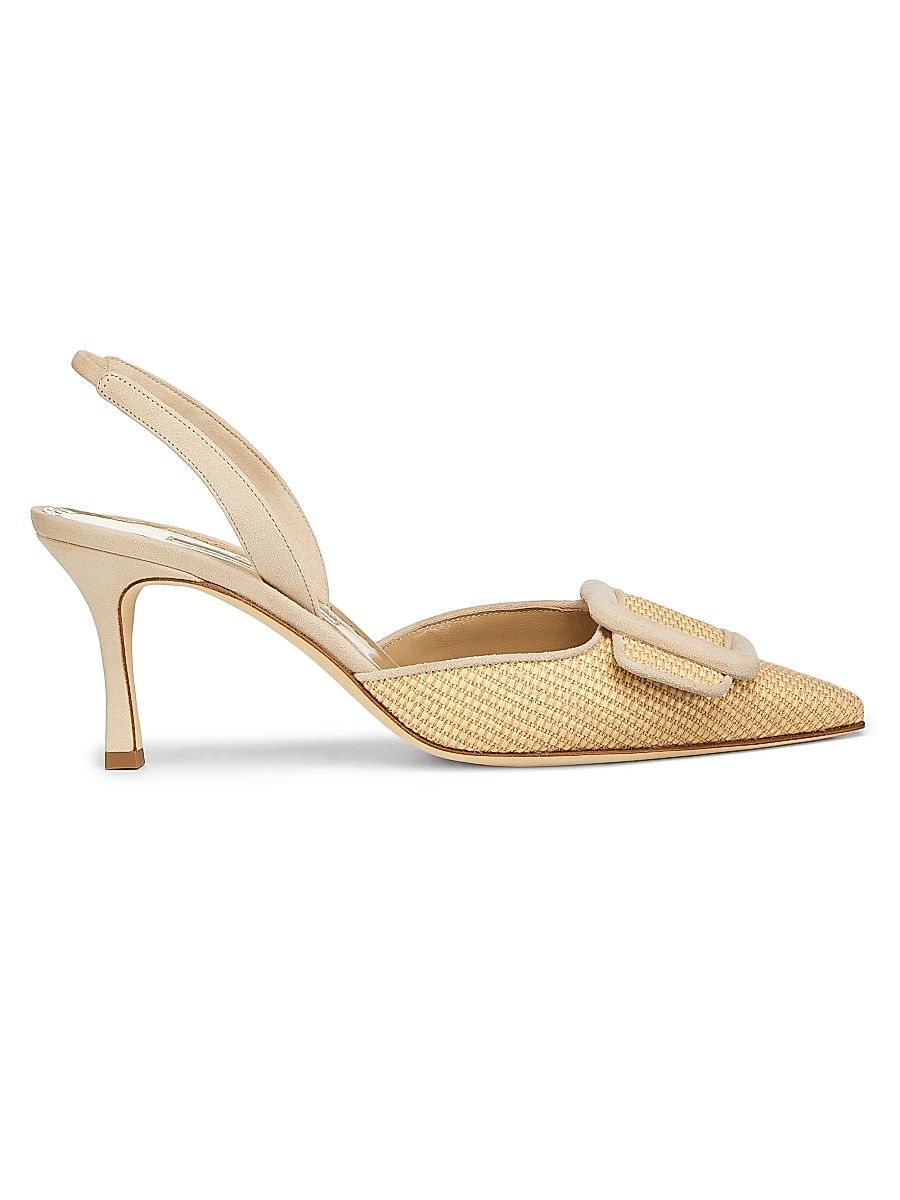 Women's Mayslibi 70MM Raffia & Leather Slingback Pumps - Dark Cream - Size 7