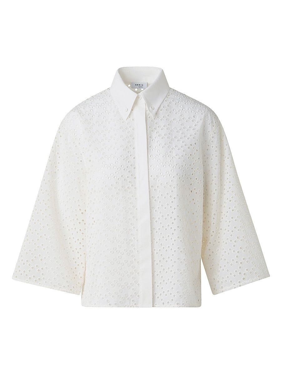 Women's Eyelet Cotton Poplin Button-Down Blouse - Cream - Size 16