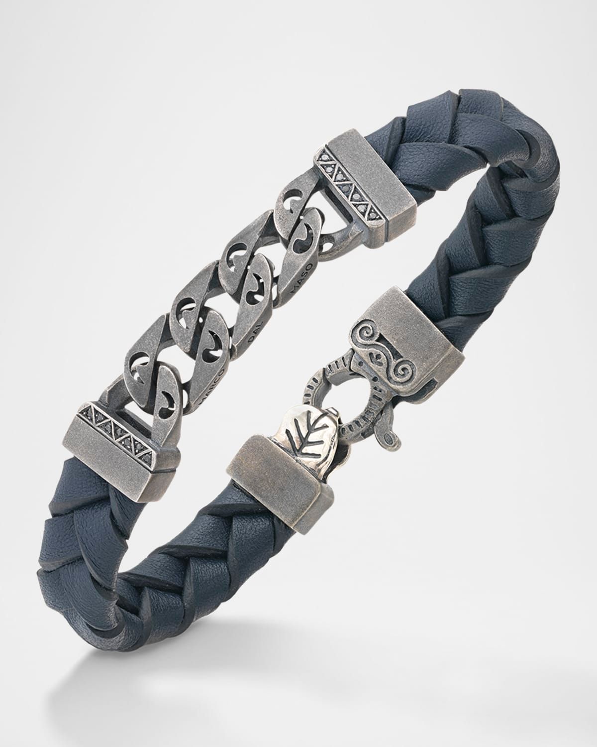 Men & apos;s Flaming Tongue Braided Leather and Silver Bracelet with Black Diamonds
