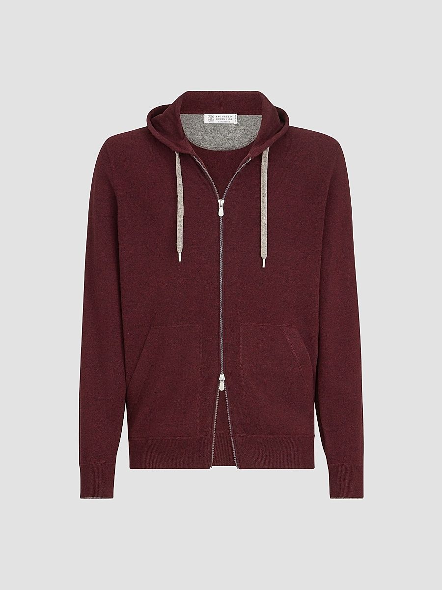 Men's Cashmere Hooded Knit Sweatshirt with Zipper - Burgundy - Size XXL