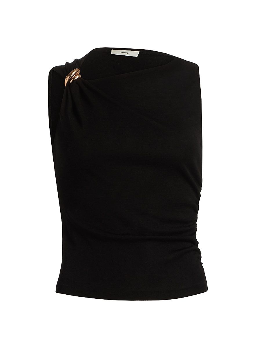 Women's Draped Wool-Blend Asymmetric-Neck Top - Black - Size Small