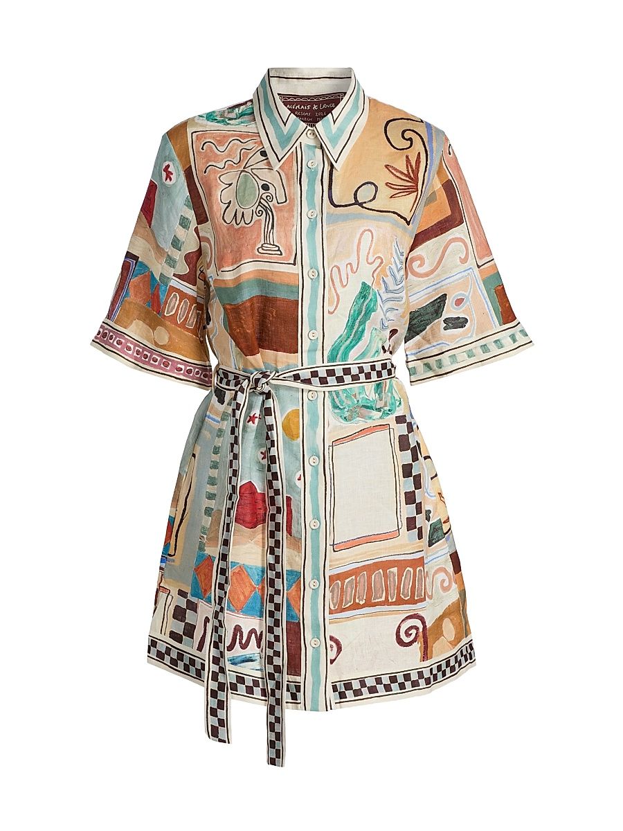 Women's Michelle Patchwork-Print Tie-Waist Linen Minidress - Size 12
