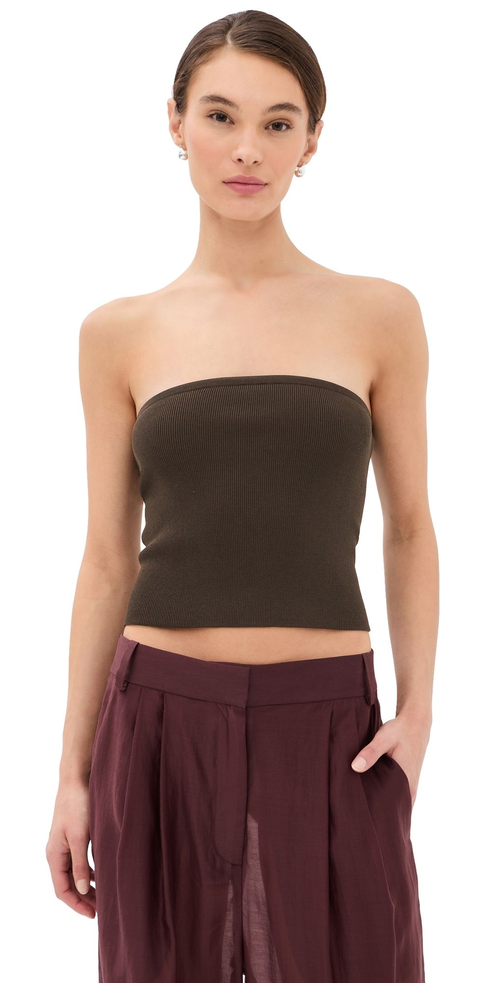 Tibi Ribbed Sweater Tube Top Hickory Brown XXS