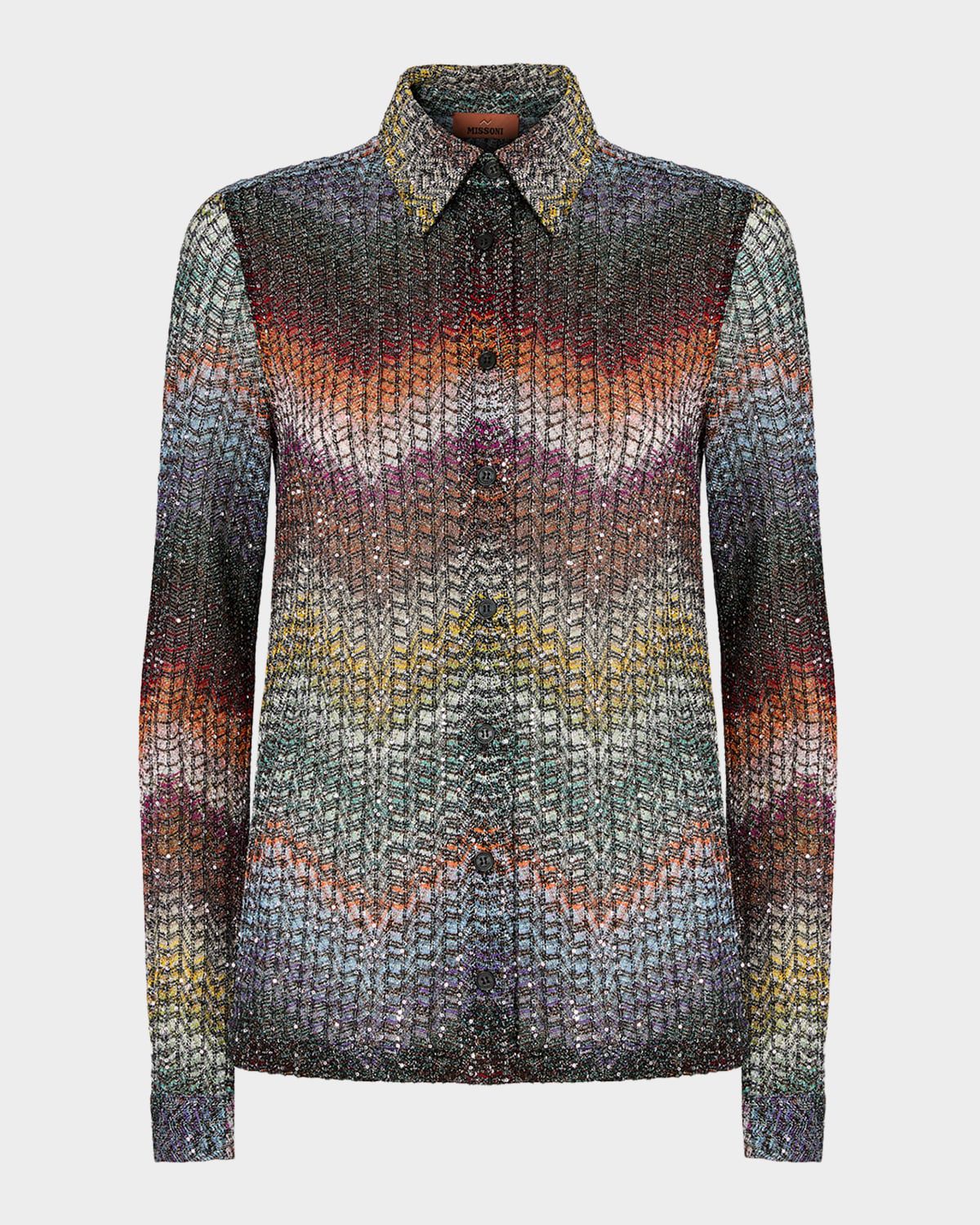 Sequined Wefted Loom Knit Button-Down Shirt