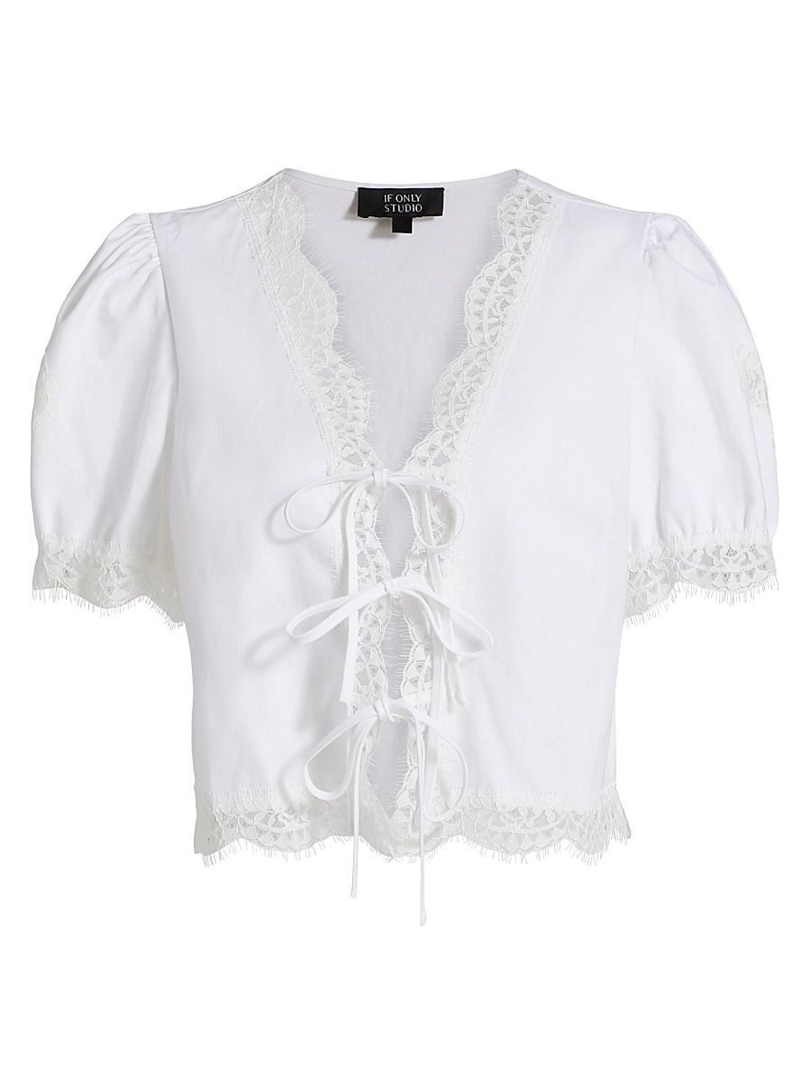Women's Lace-Trim Puff-Sleeve Shirt - White - Size Large