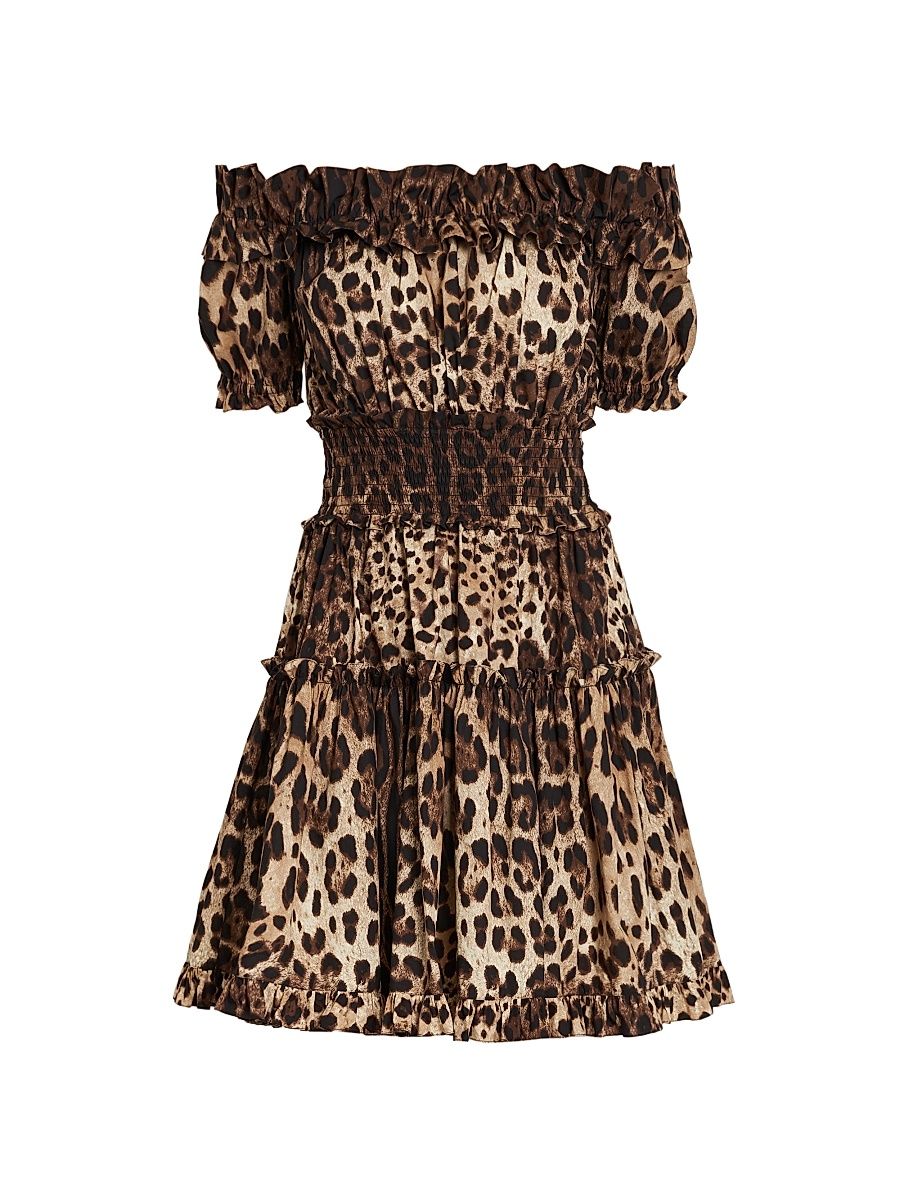 Women's Leopard-Print Cotton Off-The-Shoulder Minidress - Leo New - Size 14