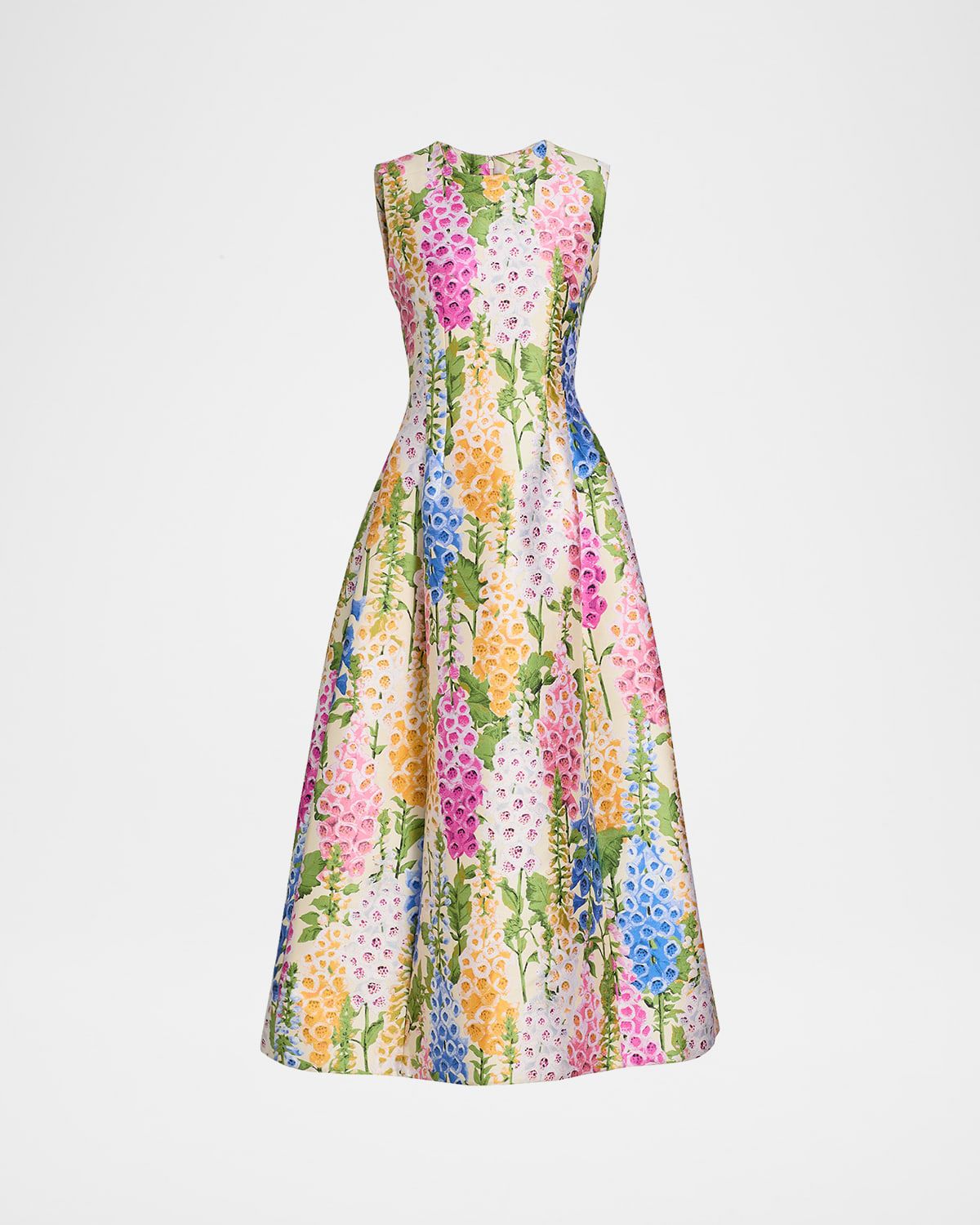 Sleeveless Multi Floral Jacquard Tea-Length Dress