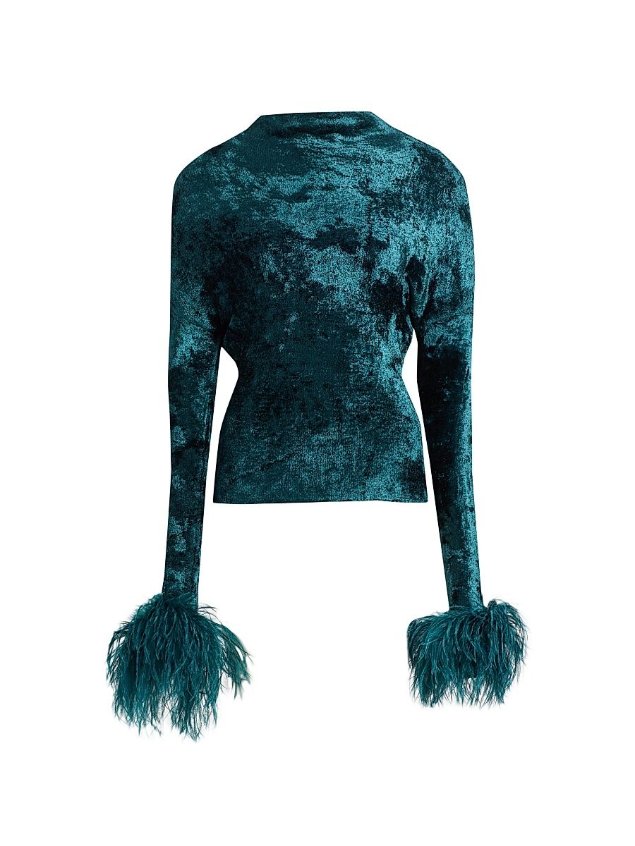 Women's Feather-Cuff Velvet Top - Dark Teal - Size Large