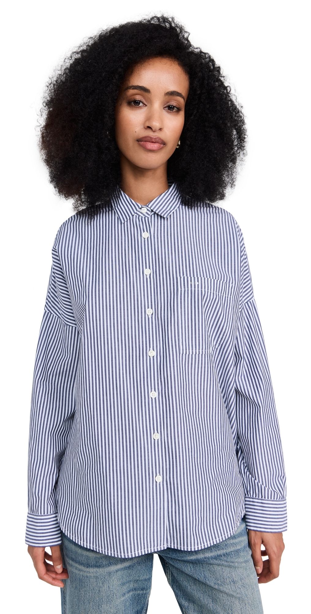 Alex Mill Jo Shirt in Striped Paper Poplin Navy/White XL