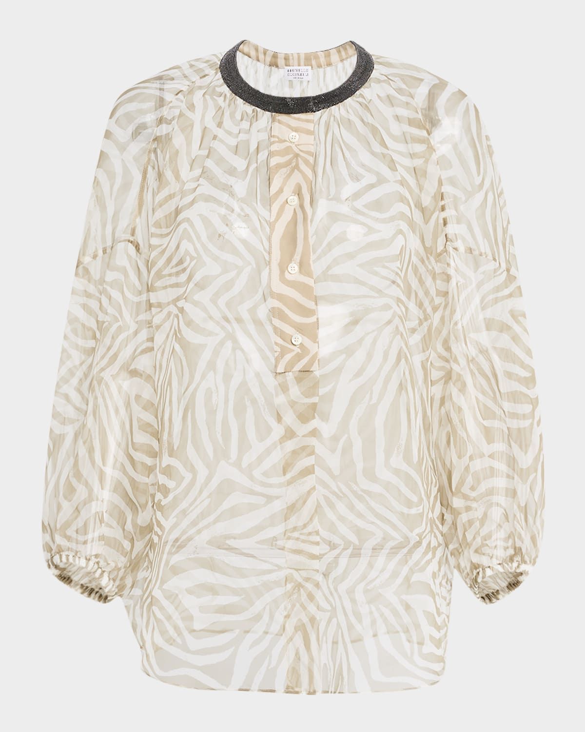 Monili-Collar Animalier-Print Organza Button-Front Top
