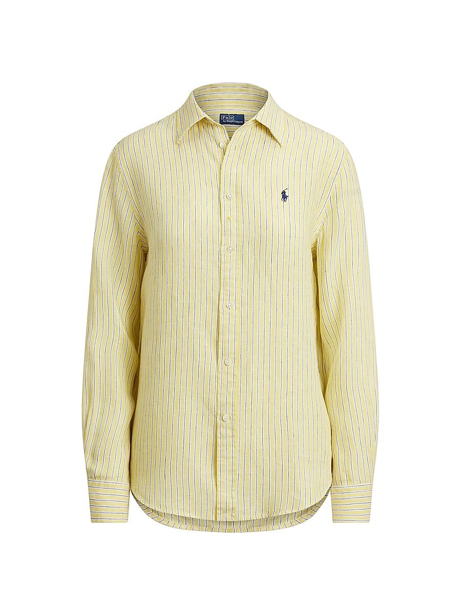 Women's Spread Collar Striped Linen Shirt - Oasis Yellow Blue - Size XS