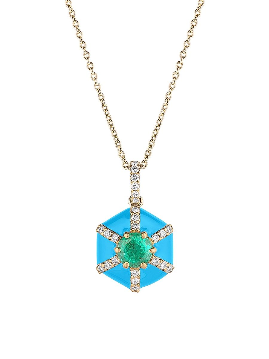 Women's Queen 18K Yellow Gold, Multi-Gemstone, & Enamel Hexagonal Pendant Necklace - Blue