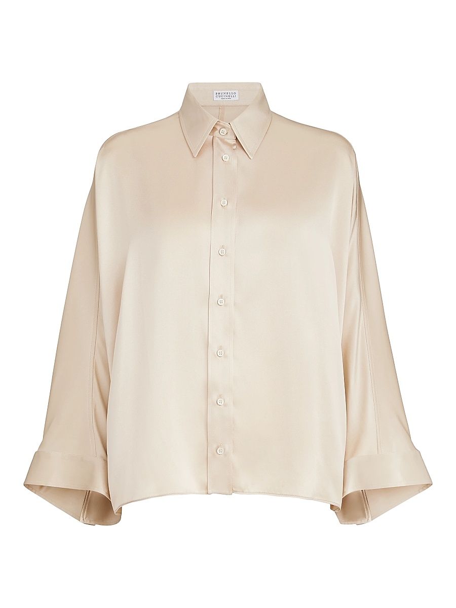 Women's Stretch Silk Satin Shirt with Monili - Sand - Size Small