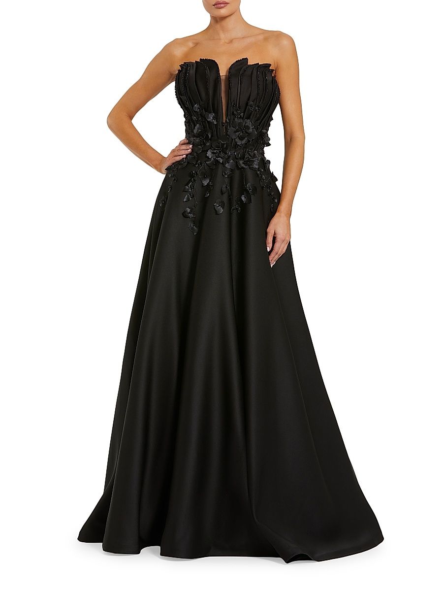 Women's Beaded Floral-Appliquéd Charmeuse Strapless Gown - Black - Size 14