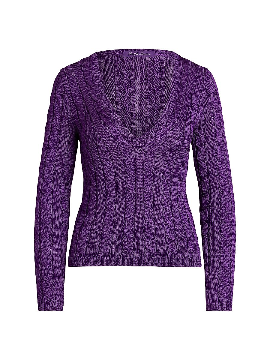 Women's V-Neck Cable-Knit Silk Sweater - Purple - Size XS