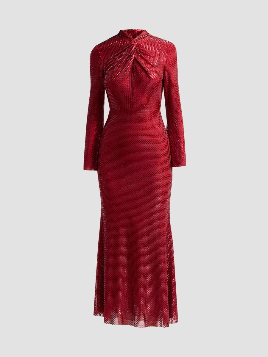 Self-Portrait Women's Rhinestone-Mesh Twist Midi Dress - Red - Size 12
