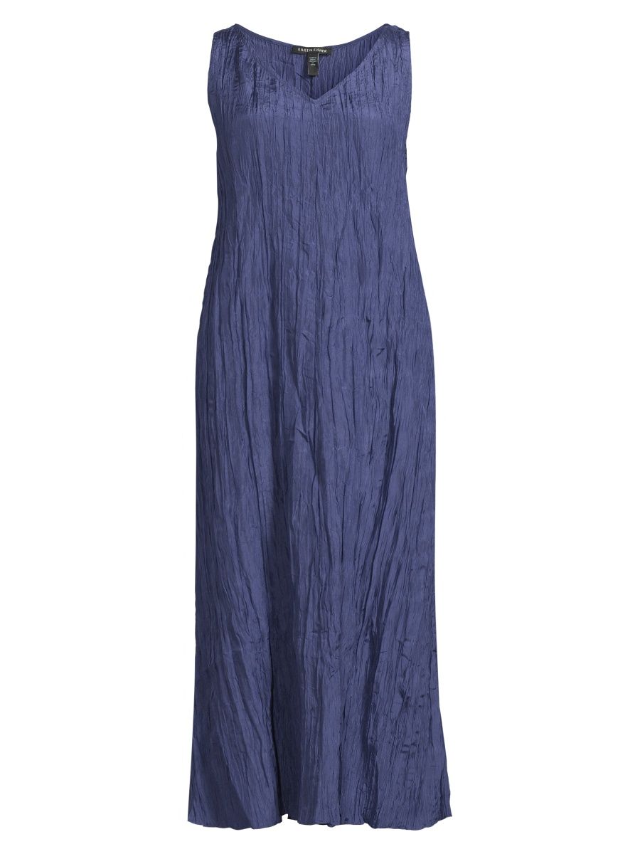 Eileen Fisher Women's V-Neck Pleated Crushed Silk Midi-Dress - Blue - Size XL