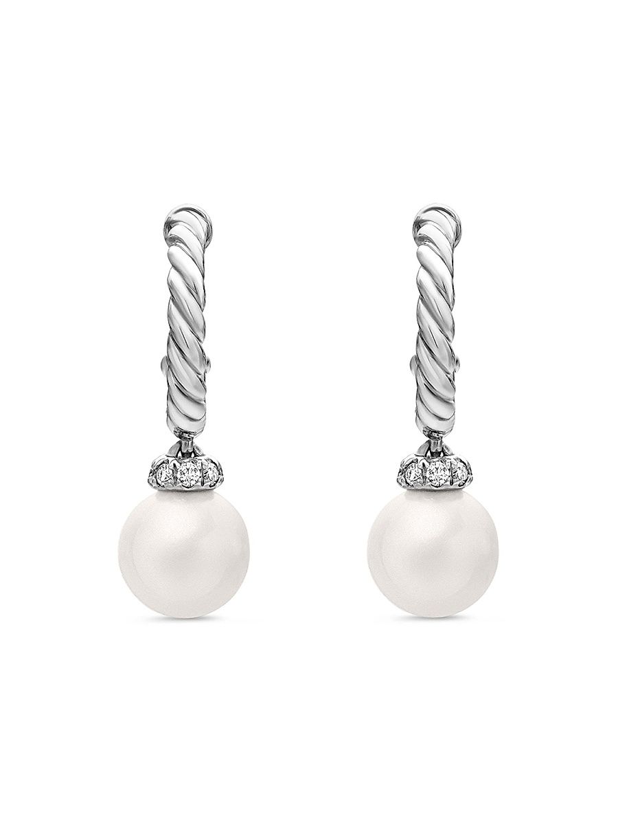 Women's Pearl and Pavé Solari Drop Earrings in Sterling Silver with Pearls and Diamonds, 18.4mm - Pearl