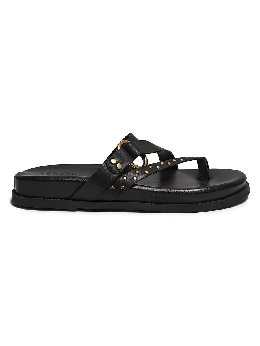 Women's Aveline Sporty Leather Flat Sandals - Black - Size 9.5